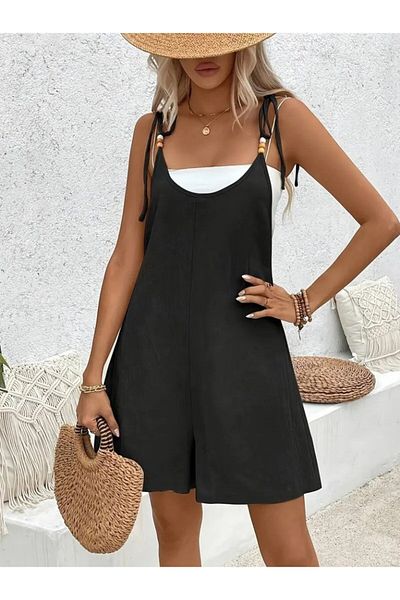 Monapera Straps Bead Detail Mini Imported Linen Jumpsuit