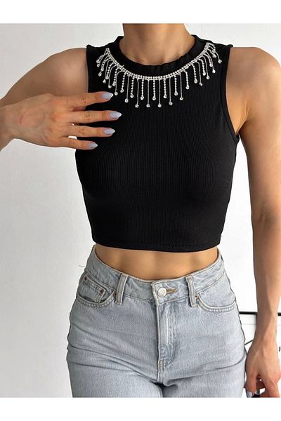 UGETTA Ribbed Camisole Collar Chain Tank Top Black