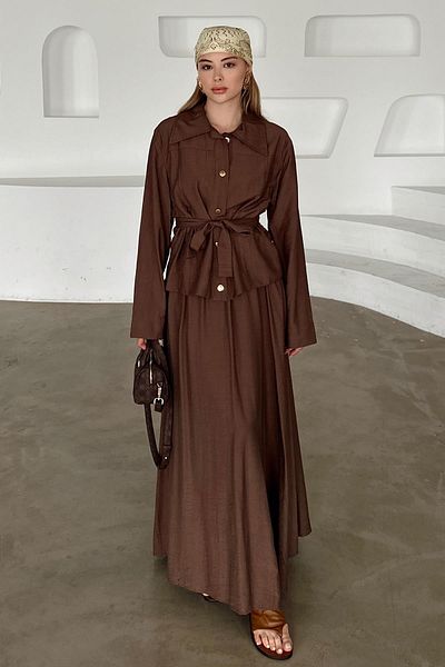 Olcay Sash Detailed Skirt Jacket Suit Brown 9348-Tk