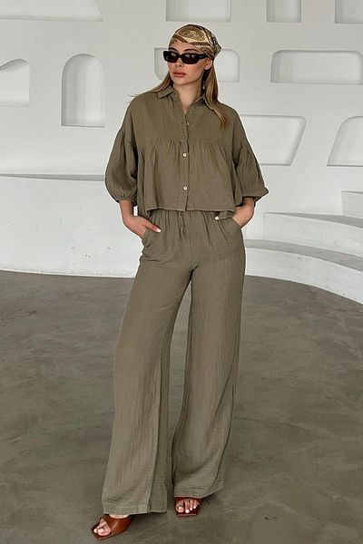 Olcay Casual κοντό πουκάμισο Διπλό Σετ Μουσελίνας KHAKI 9355-TK