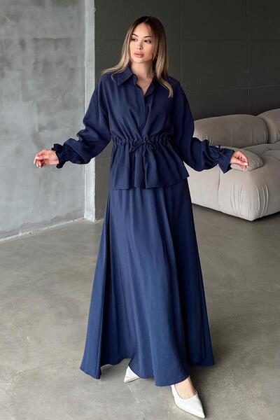 Olcay Rugalmas szegélyű szoknya kabát modális szett SÖTÉKÉK 9347-TK