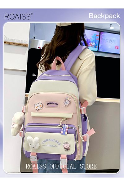 ROAISS 5 PCS Set of Kid Backpack Fashion Children's New Oxford Cloth Schoolbag Girls Junior High School Stu