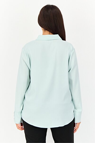 Bebe Women Spread Collar Solid Long Sleeves Blouse, LIght Blue