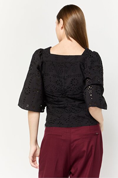 Scotch & Soda Women V-Neck Bell Sleeves Eyelet Top, Black