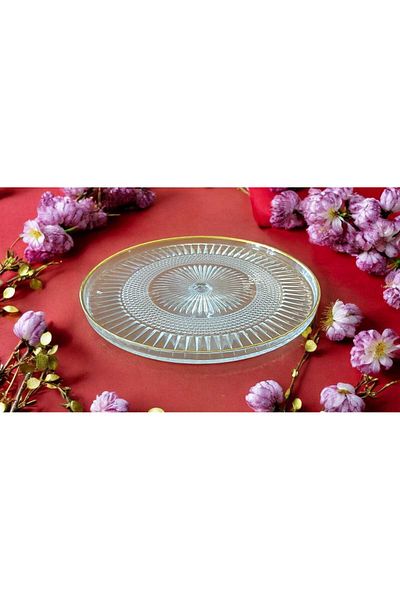 Noah Exclusive 24 cm Gold Gilded Footed Glass Presentation Plate - Cake Pastry Presentation Plate