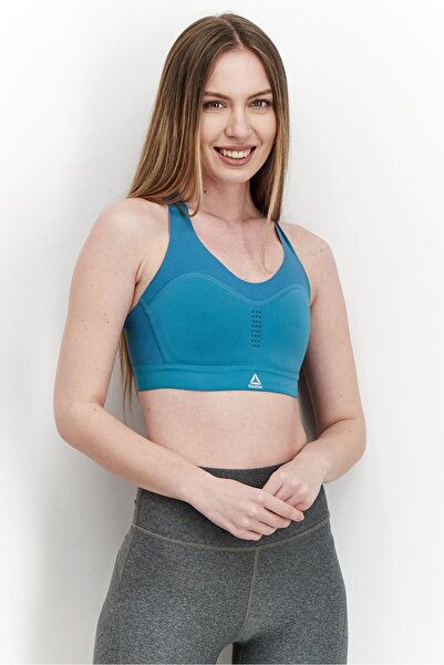 Reebok حمالة صدر رياضية مبطنة قليلاً بشعار العلامة التجارية للنساء، أزرق مخضر