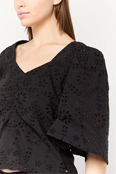 Scotch & Soda Women V-Neck Bell Sleeves Eyelet Top, Black