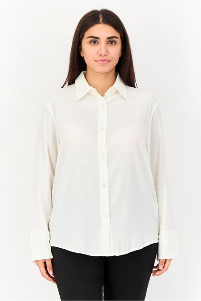 Bebe Women Pointed Collar Long Sleeve Plain Shirt, Off White