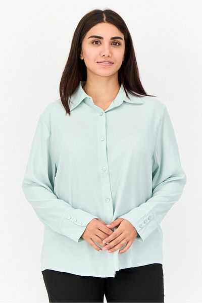 Bebe Women Spread Collar Solid Long Sleeves Blouse, LIght Blue