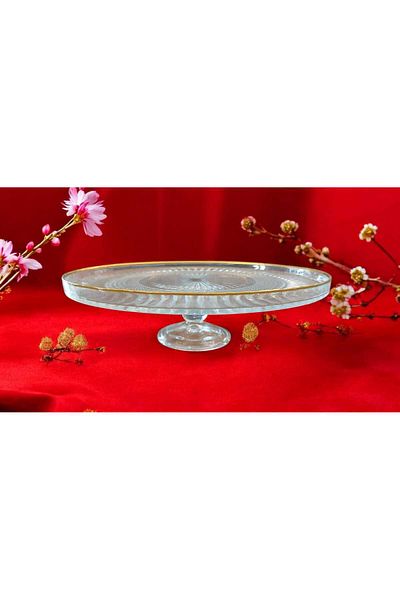 Noah Exclusive 24 cm Gold Gilded Footed Glass Presentation Plate - Cake Pastry Presentation Plate
