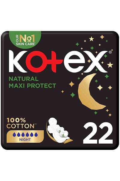 Kotex Natural Maxi Protect Thick 100% Cotton Overnight Sanitary Pads with Wings 22 pcs