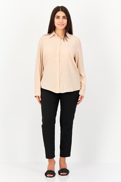 XOXO Women Pointed Collar Long Sleeve Plain Shirt, Light Beige