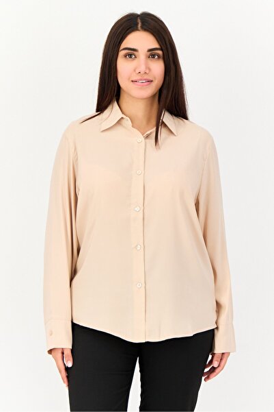 XOXO Women Pointed Collar Long Sleeve Plain Shirt, Light Beige