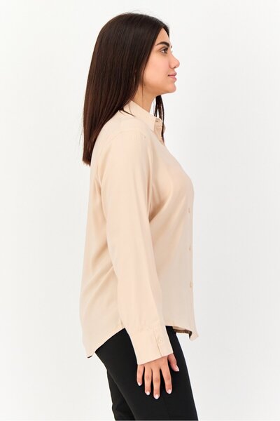 XOXO Women Pointed Collar Long Sleeve Plain Shirt, Light Beige