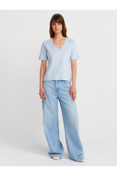 Dilvin 31840 Tricou cu mânecă scurtă cu decolteu în V-albastru deschis