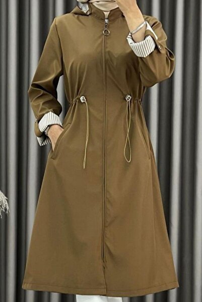 megapol giyim Kahve Kapüşonlu Uzun Trenc 10573