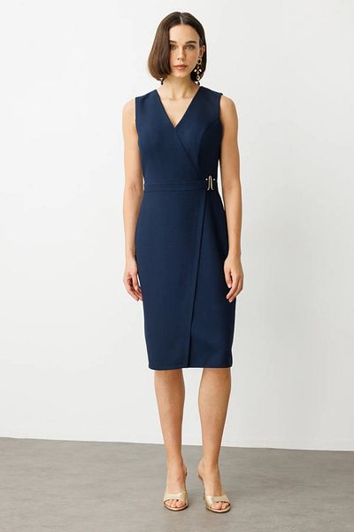 Ekol Women's Waist Metal Accessory Sleeveless Dress 5468 Navy Blue