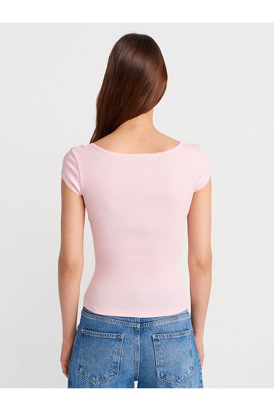 Dilvin 31807 Crew Neck Ribbed T-Shirt-Powder Pink