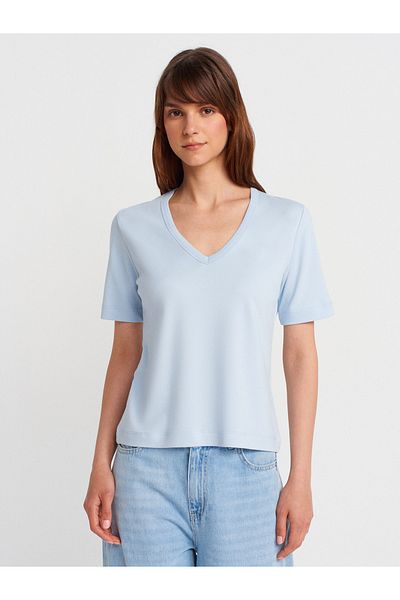 Dilvin 31840 Tricou cu mânecă scurtă cu decolteu în V-albastru deschis