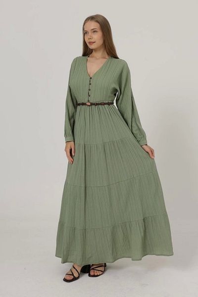 Butik Silky Front Half Button Long Sleeve Dress with Belt - Khaki