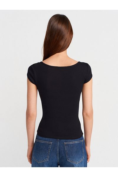 Dilvin 31807 Crew Neck Ribbed T-Shirt-Black