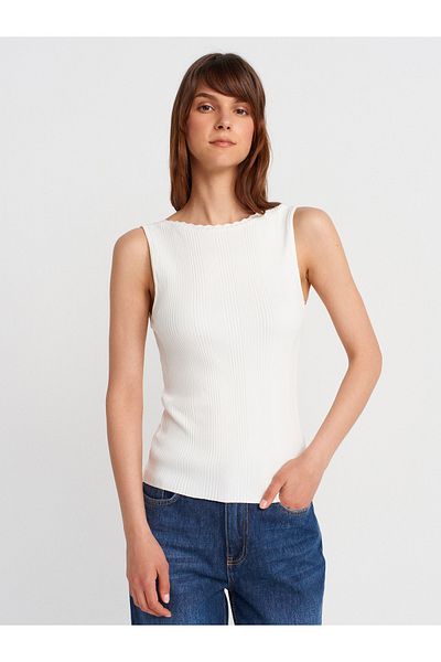 Dilvin 10764 Boat Neck Ribbed Knitwear Blouse-Ecru