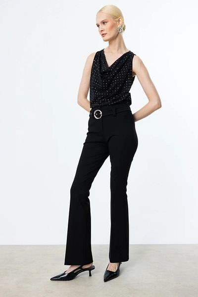 Ekol Women's Waist Buckle Fabric Belt Trousers 2080 Black