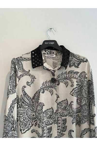 FUAT GÜRSEN Ethnic Patterned Linen Tunic with Laced Collar