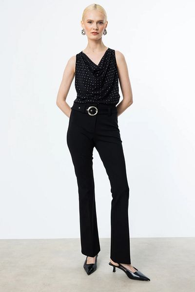 Ekol Women's Waist Buckle Fabric Belt Trousers 2080 Black