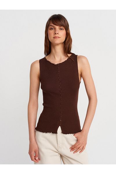 Dilvin 60972 Ribbed Buttoned Thin Knitwear Vest-Brown