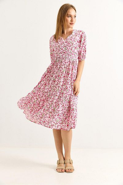 Raneel Kazançlı Alışveriş Double Breasted Collar Gathered Waist Midi Dress Pink