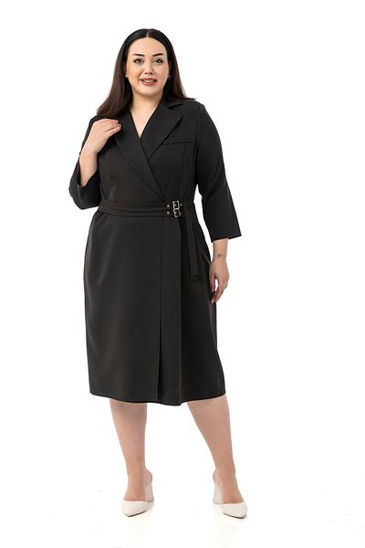 DISENTIS MODEST Plus Size Double Breasted Collar Three Quarter Sleeve Pleated Midi Black Dress