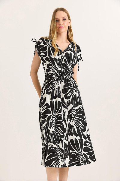 Raneel Kazançlı Alışveriş Women's Dress with Drawstring Waist and Rope Detail on the Shoulders Black