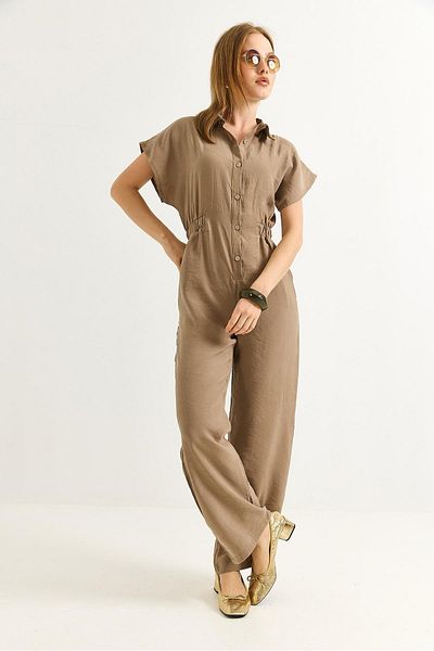 Raneel Kazançlı Alışveriş Short Sleeve Waist Elastic Modal Woven Jumpsuit Mink