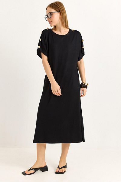 Raneel Kazançlı Alışveriş Shoulder Button Detailed Flowing Dress Black