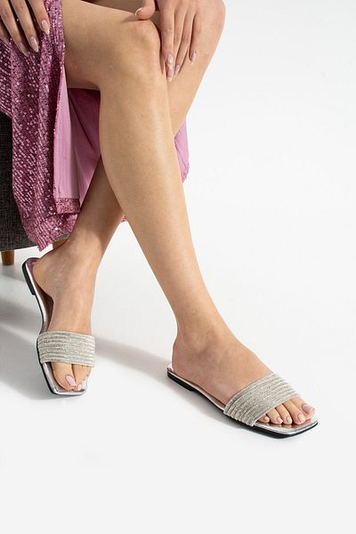 Parıltı Neby Silver Color Stone Detailed Daily Evening Dress Women's Slippers