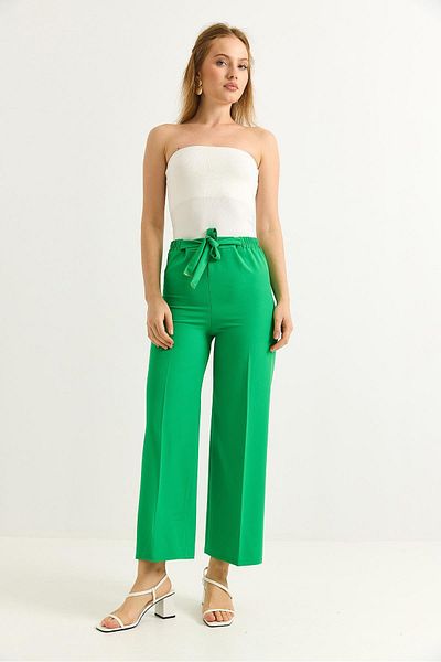 Raneel Kazançlı Alışveriş Waist Belted Wide Leg Crepe Trousers Green