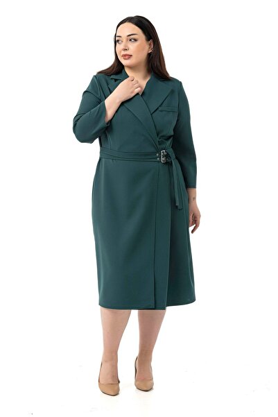 DISENTIS MODEST Plus Size Double Breasted Collar Three Quarter Sleeve Pleated Midi Emerald Green Dress