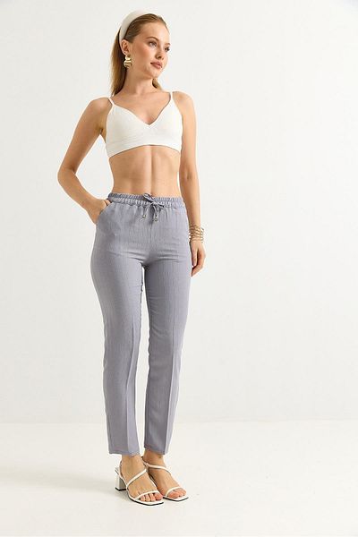 Raneel Kazançlı Alışveriş Elastic Waist Stripe Patterned Crepe Trousers Gray