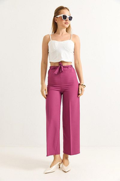 Raneel Kazançlı Alışveriş Waist Belted Wide Leg Crepe Trousers Pink