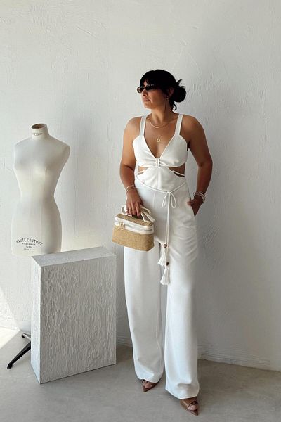ELVAN TOLON Stone Color Linen Design Jumpsuit