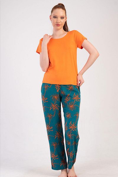 VİENETTA Women's Short Sleeve Orange Pajama Set C8T4N0O014