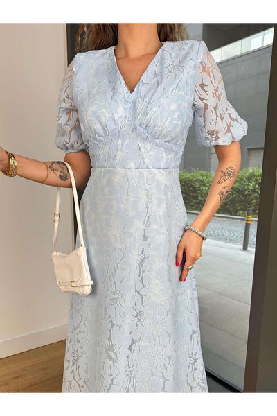 modaçelikler V-Neck Lace Detail Elonma Blue Women's Dress 25Y407