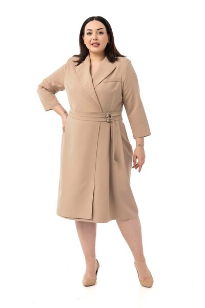 DISENTIS MODEST Plus Size Double Breasted Collar Three Quarter Sleeve Pleated Midi Mink Dress