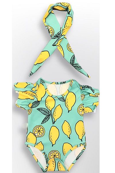 Monila Girl's Lemon Patterned Swimsuit with Snap Fasteners at the Bottom and Hair Accessory Gift