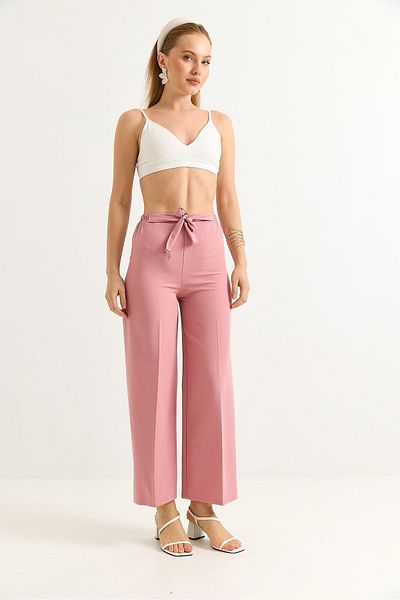 Raneel Kazançlı Alışveriş Waist Belted Wide Leg Crepe Trousers Dusty Rose