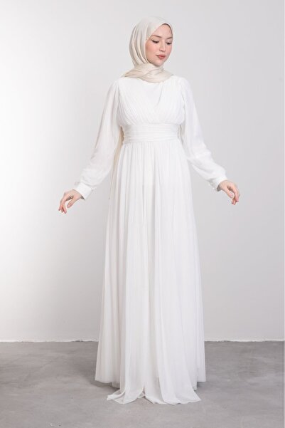 Lamia Giyim Minimalist Sıralı Piliseli Tesettür Abiye Beyaz