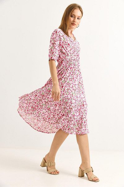 Raneel Kazançlı Alışveriş Double Breasted Collar Gathered Waist Midi Dress Pink