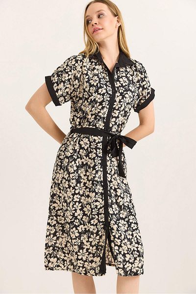 Raneel Kazançlı Alışveriş Floral Mini Belted Woven Viscose Shirt Dress Cream