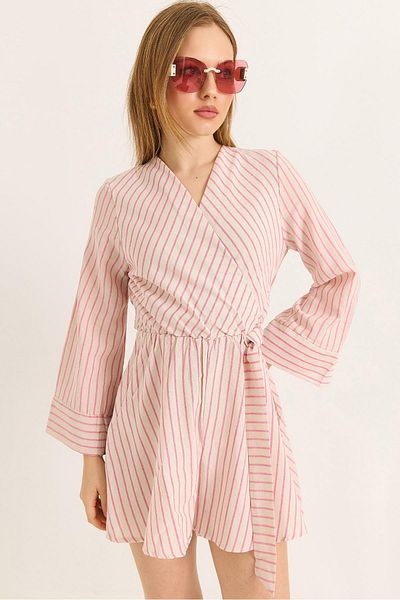 Raneel Kazançlı Alışveriş Double Breasted Collar Belt Detailed Woven Shorts Jumpsuit Pink